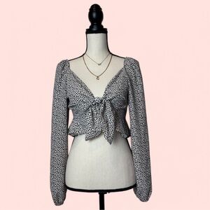 Blue Blush Neutral Animal Cheetah Leopard Print Tie Front Silky Blouse